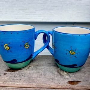 1980s K.I.C Brushes Hand Painted Coffee Mugs Teacups Ocean Shells Beach Set of 2